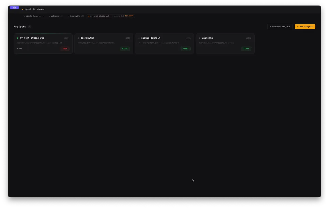 The Agent Dashboard project switcher screen showing the list of registered projects, with the active project highlighted.