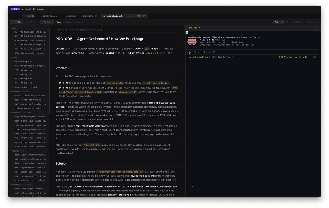 The Agent Dashboard project overview tab showing the vision document, roadmap phases, backlog rows, and PRD list for the active project.