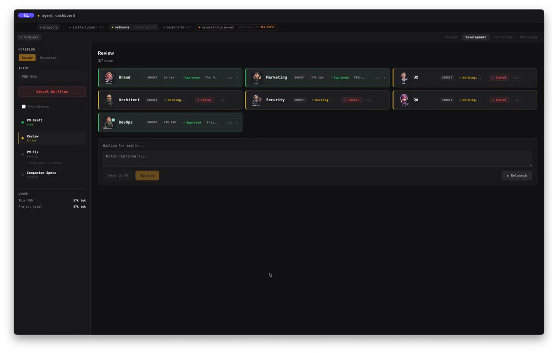 The Agent Dashboard development workflow review view showing the workflow overview on the left and the active reviewer agent on the right with buttons to interact with the agent.