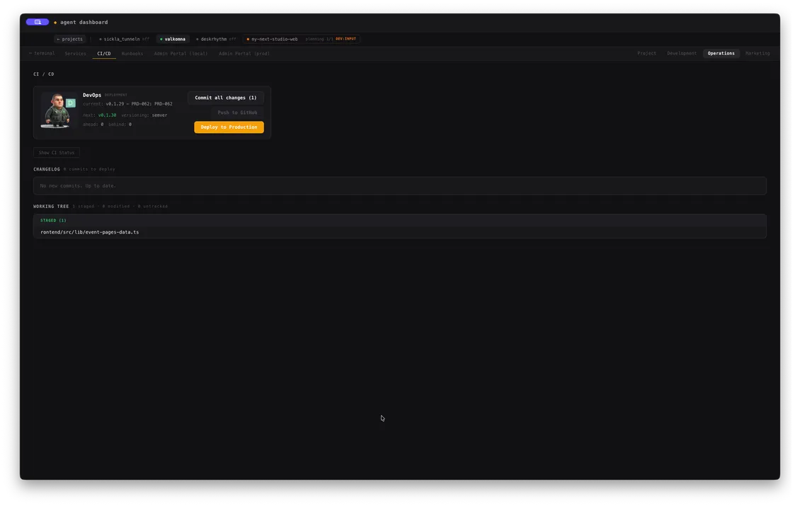 The Agent Dashboard operations CI/CD tab showing pipeline definitions, recent run history, and the current queue.
