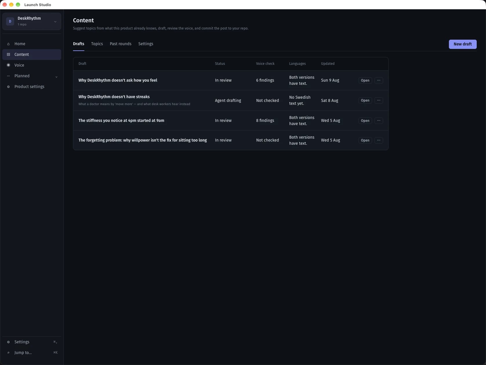 Launch Studio Content for DeskRhythm, showing drafts, voice-check status, languages, and tabs for topics and past rounds.