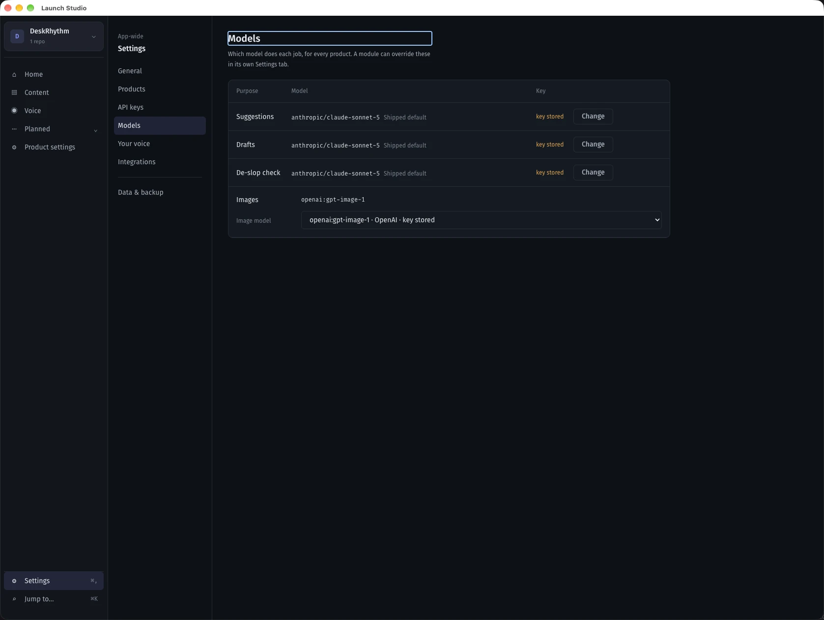 Launch Studio Models settings, with separate model choices for topic suggestions, drafts, voice checks, and images.