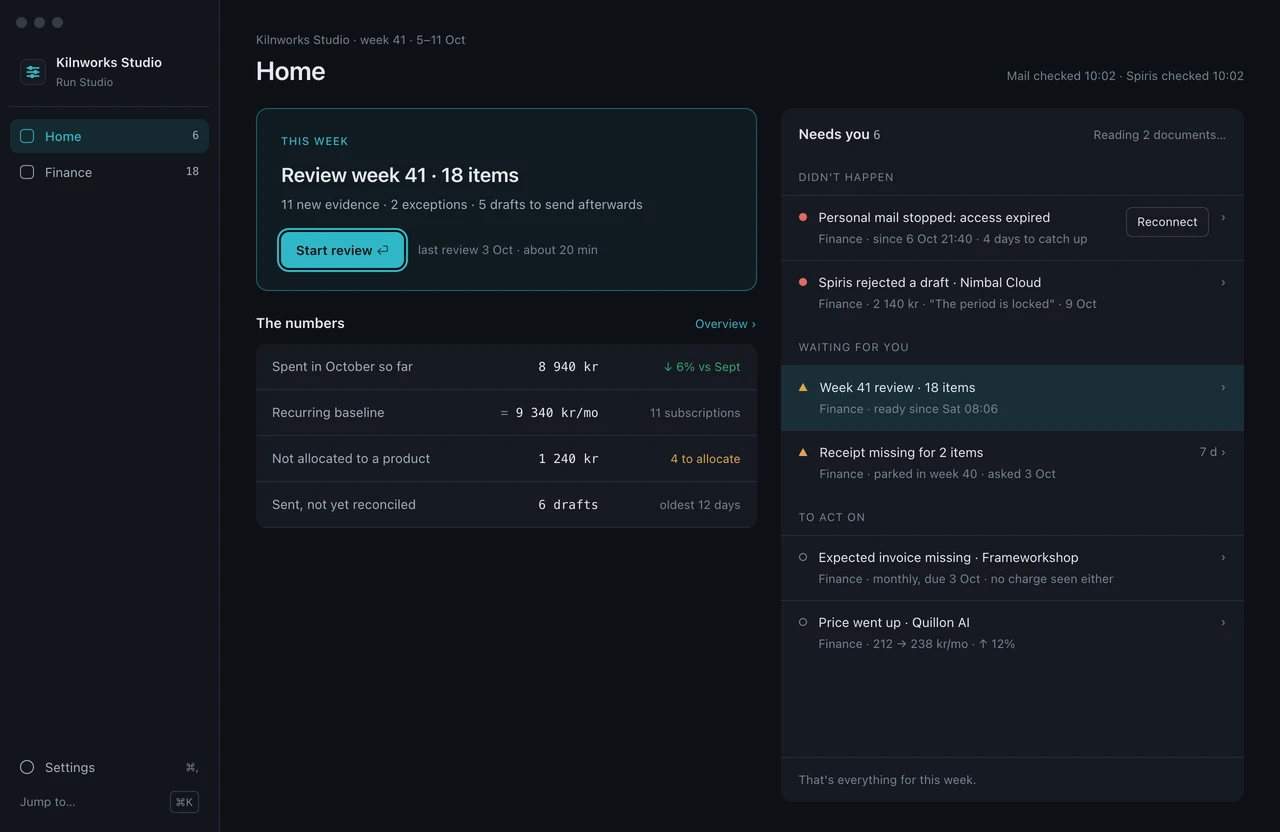 Run Studio Home design preview, showing a weekly review, studio costs, and decisions needing attention with fictional data.
