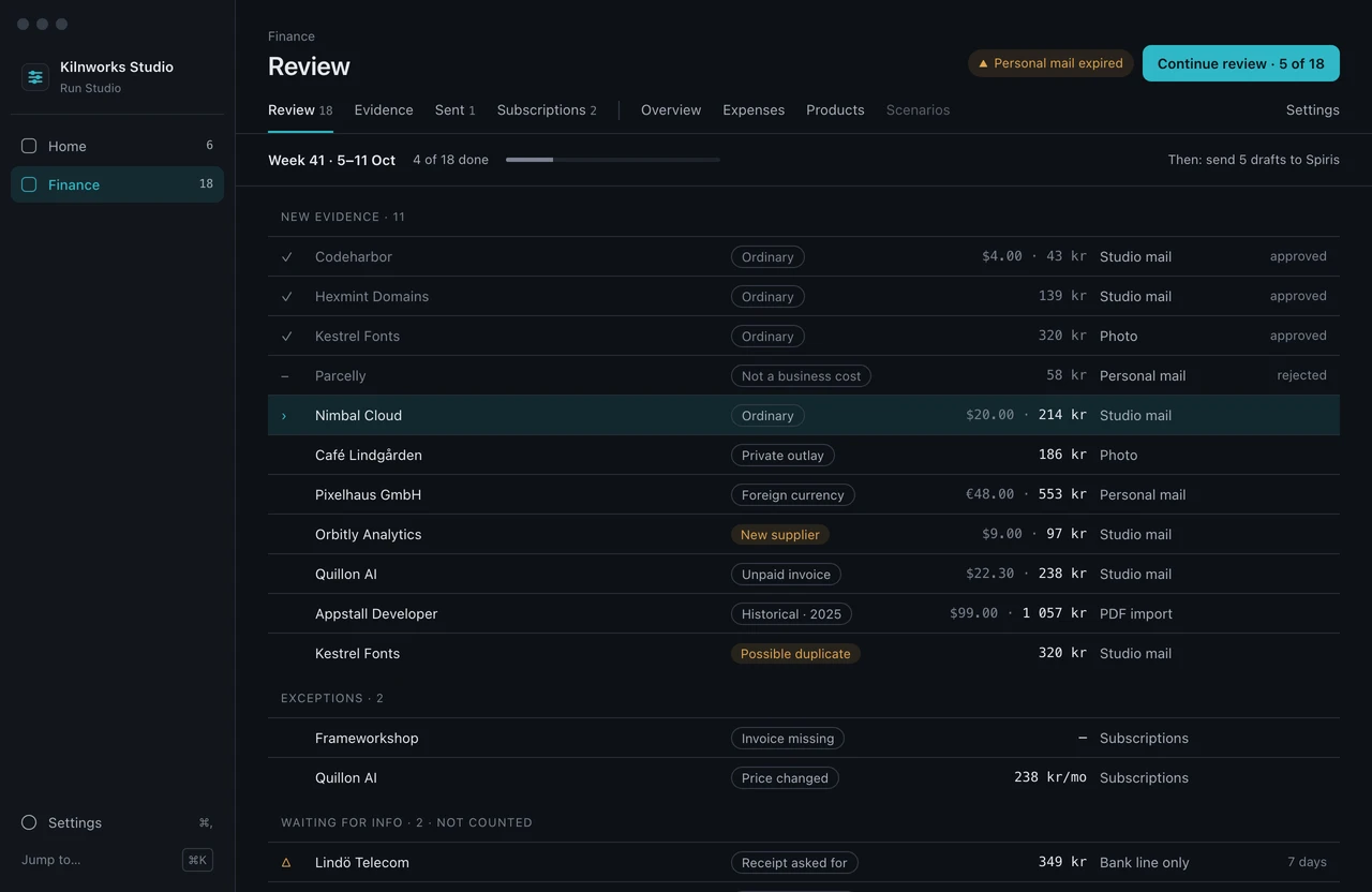 Run Studio weekly financial review design preview with fictional receipts and review decisions.