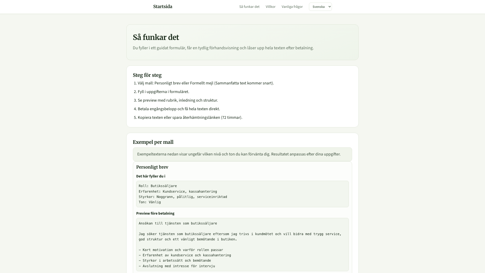 The "Så funkar det" (How it works) page on Skrivhjälp — three-step explanation of the guided-template flow.