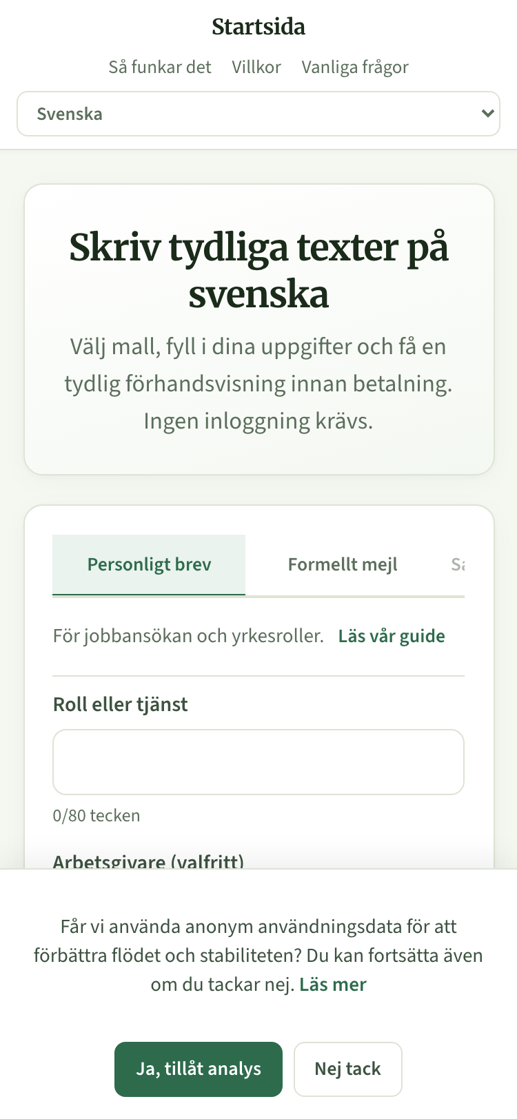 The Skrivhjälp homepage on mobile — same template list, single-column layout.