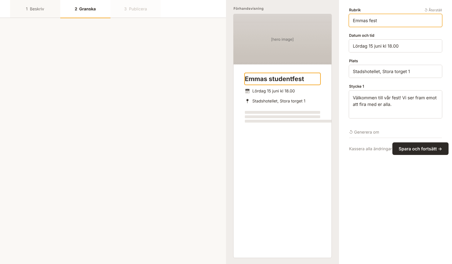 Välkomna generation flow — a single description input on the left, the resulting page preview on the right.