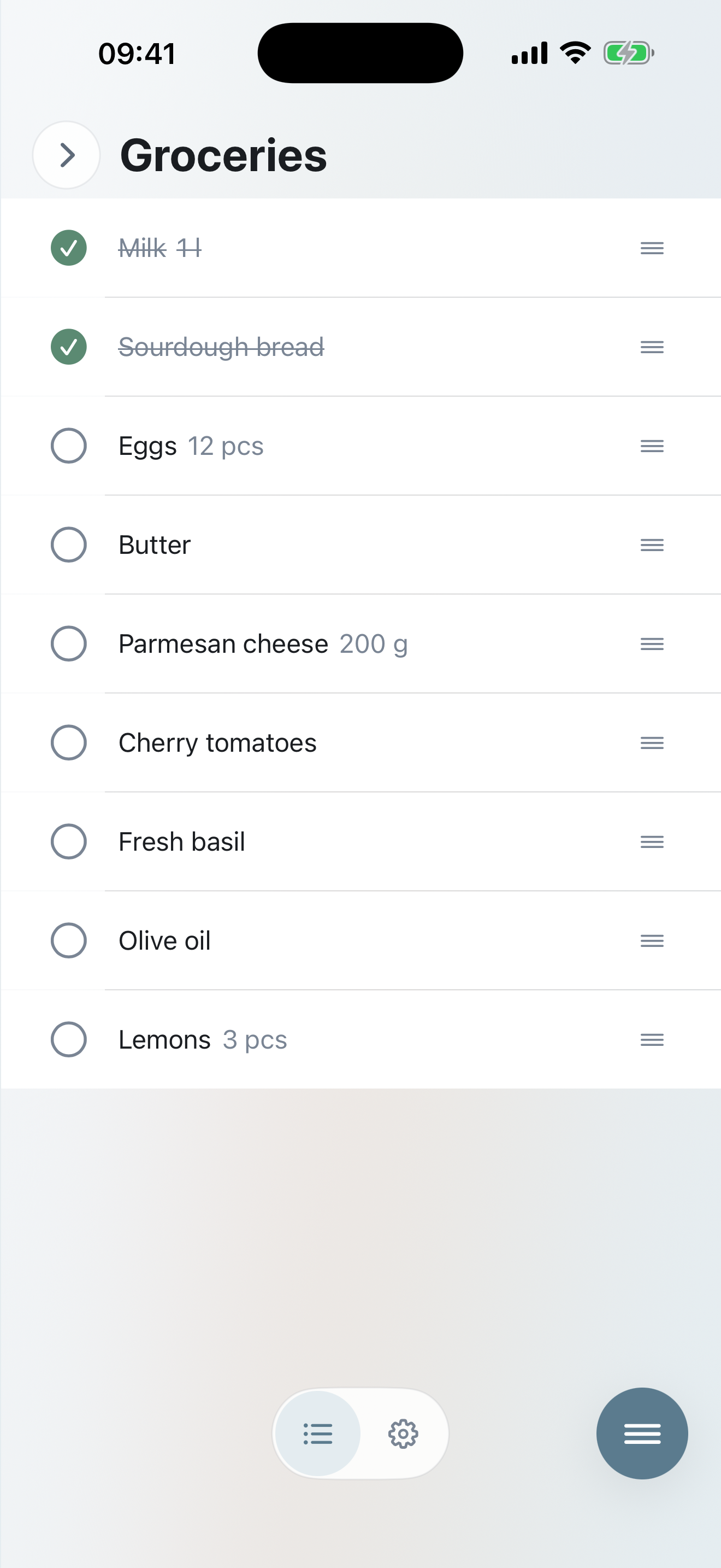 My Next: List — Groceries list with items and quantities
