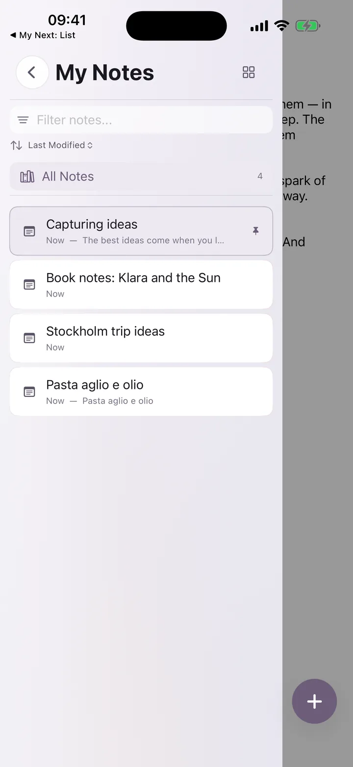 My Next: Note — My Notes side menu with captured ideas and recipes